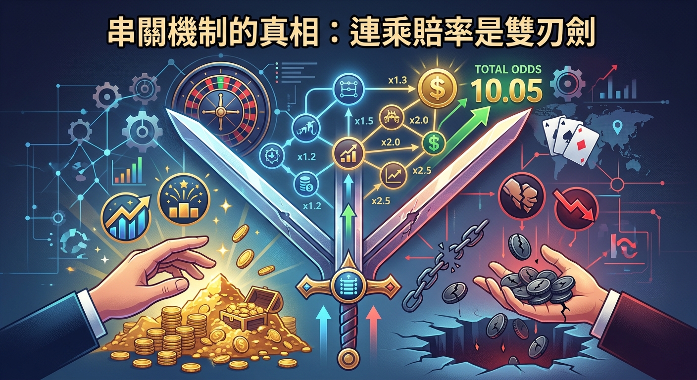 這張圖以一把亮銀色的雙刃劍為中心，象徵串關機制中連乘賠率帶來的雙重效應。 左側展示著金幣與向上上升的收益圖表代表高回報，右側則呈現斷裂的鐵鍊與下降趨勢凸顯高風險，上方並標有標題「串關機制的真相：連乘賠率是雙刃劍」。