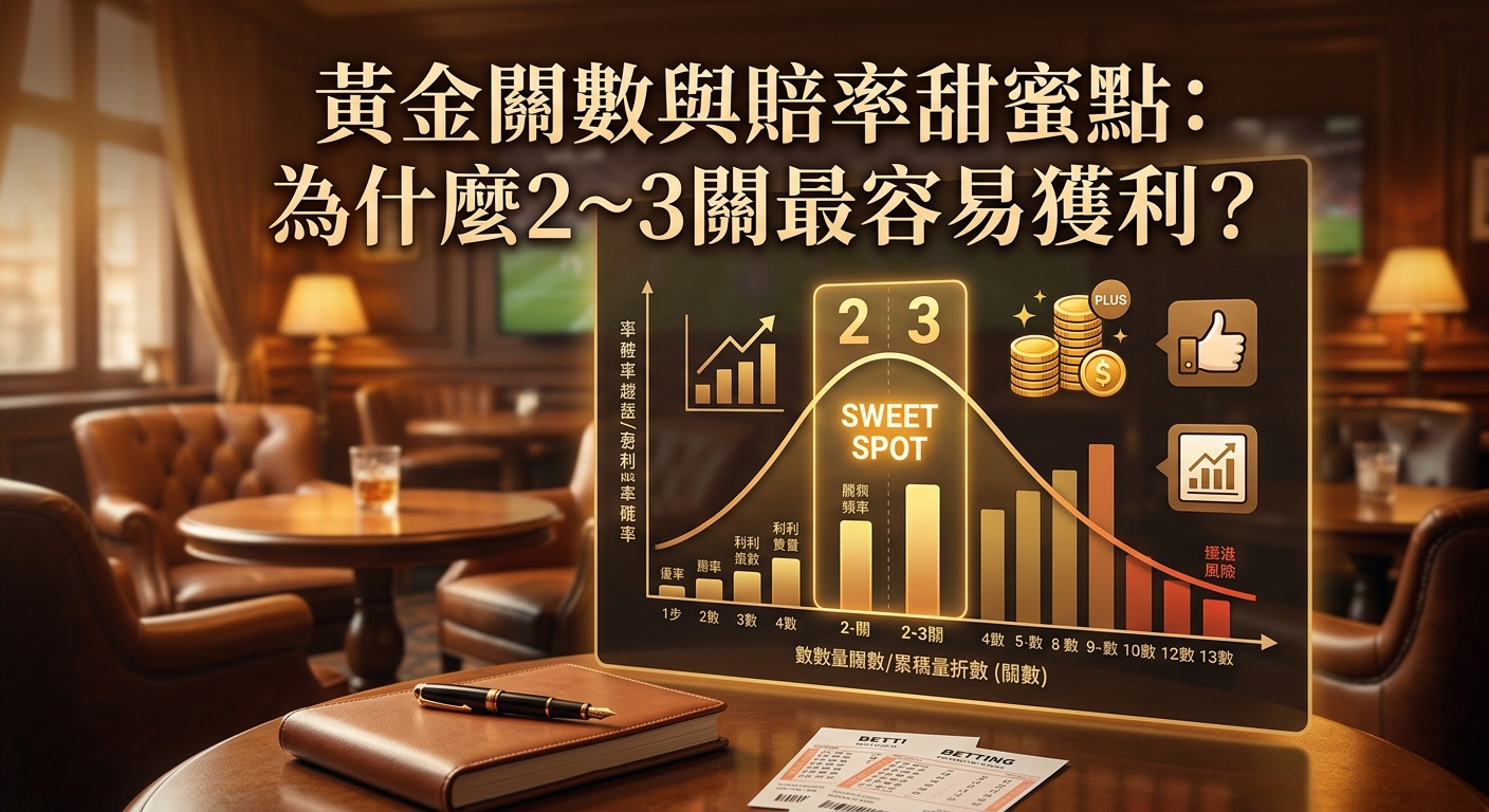 這張圖片展示了一個經典奢華的氛圍，背景為舒適的皮革座椅與木質桌檯，桌上放著一本打開的皮質筆記本與筆。 畫面中央有一張帶有清晰圖表的玻璃顯示屏，圖表中highlight出「2~3關」的甜點區，並標有黃金標題「黃金關數與賠率甜蜜點：為什麼2~3關最容易獲利？」。