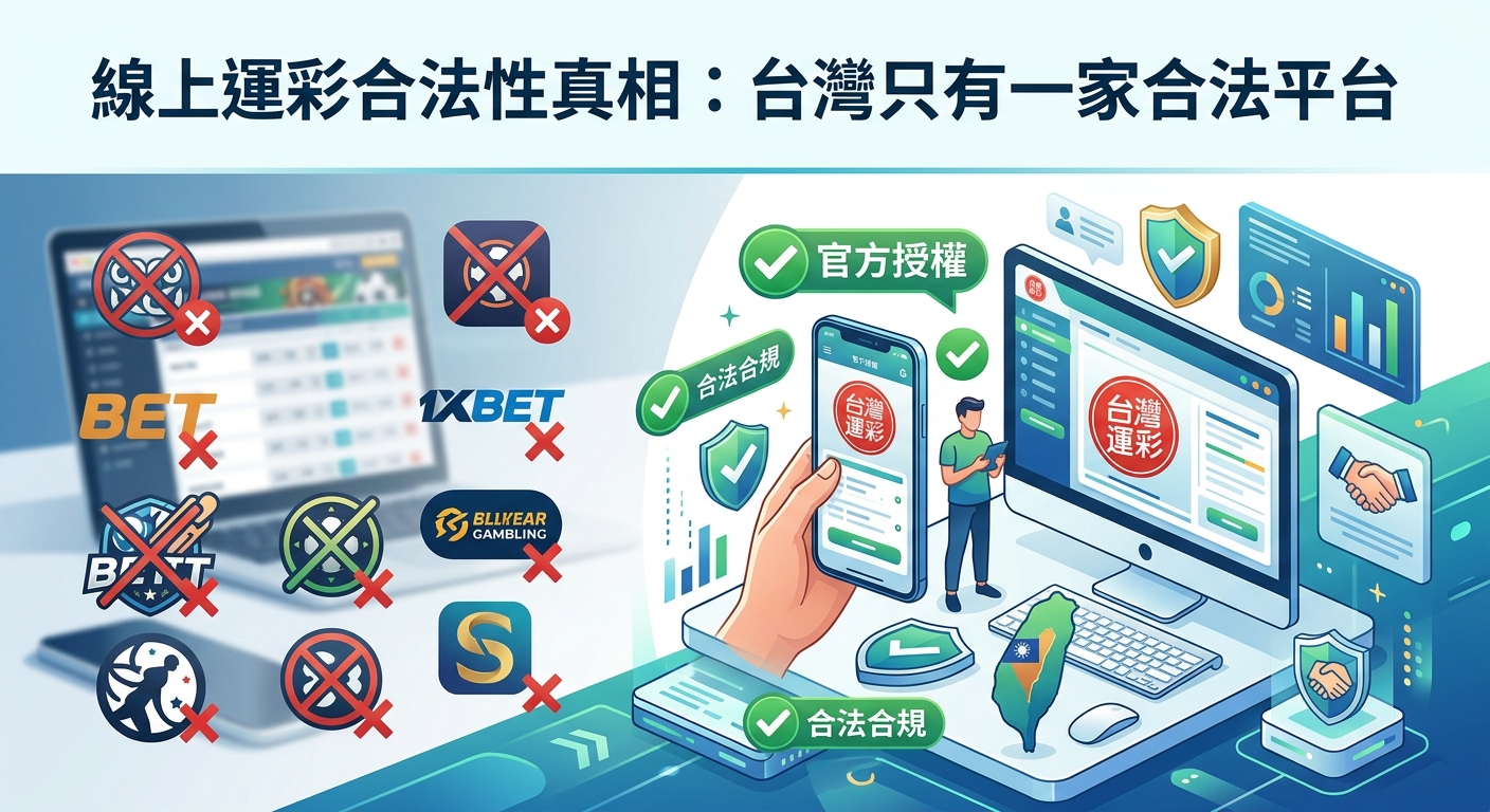 這張圖以對比方式呈現合法與非法平台，左側為帶有紅色叉號的非法博彩標誌，右側則展現包含台灣地圖與安全盾牌的唯一合法平台介面。 頂部配有醒目的標題，簡潔明確地傳達台灣僅有一家合法線上運彩平台的訊息。