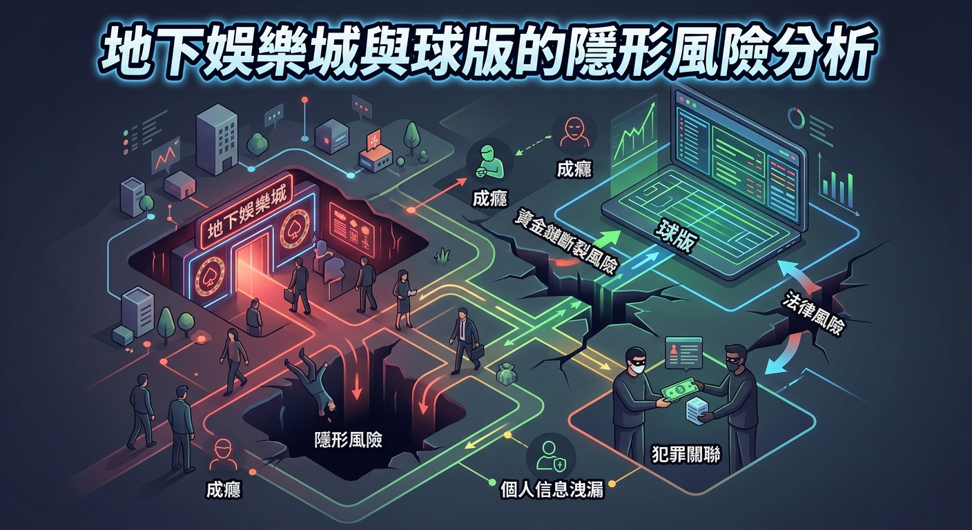 這幅插圖以流暢的向量圖表風格呈現，將地下娛樂城與非法球版運作的情境具象化，揭示其背後潛藏的各項危機。 畫面中透過分流路徑與警示圖示，清晰梳理出資金鏈斷裂、個人資料洩漏、法律追訴及成癮風險等隱形威脅。