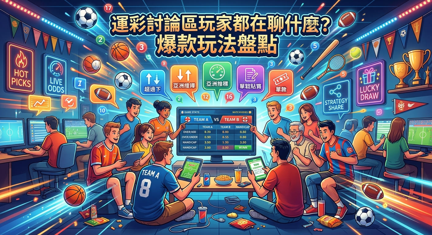 這張圖畫展示了一個熱鬧的運動彩券討論區,眾多玩家聚集在一起看螢幕、聊數據並熱烈討論各類熱門玩法。 畫面上方標有顯眼的中文標題「運彩討論區玩家都在聊什麼?爆款玩法盤點」,整體呈現出充滿科技感與社交活力的投注分析氛圍。