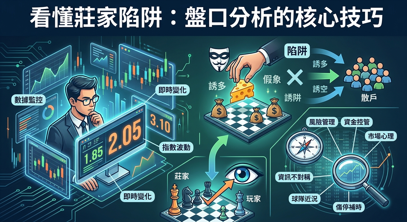 一張展現盤口分析技巧的資訊圖表,畫面結合數據圖表、賠率數字與棋局等元素,傳達莊家與玩家之間的智鬥。 頂部配有醒目的文字「看懂莊家陷阱:盤口分析的核心技巧」,整體採用深色科技感的視覺設計風格。