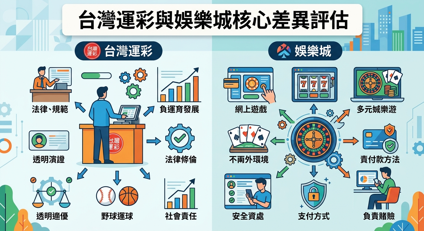 一張以藍白色調為主的圖解資訊圖,左右兩側分別列出「台灣運彩」與「娛樂城」的核心特點。 頂部標題為「台灣運彩與娛樂城核心差異評估」,搭配清晰的插圖與圖標呈現兩者的差異比較。