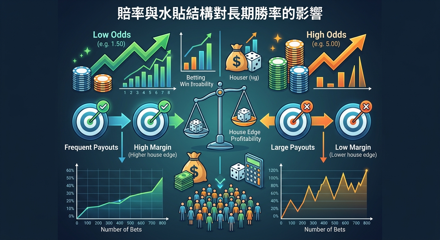 這幅圖表說明了賠率與水貼結構對長期勝率的影響,透過對比低賠率與高賠率在不同投注次數下的數據變化,呈現出莊家優勢與收益特徵。 畫面中央以天平與骰子圖示象徵風險平衡,結合清晰的趨勢折線圖與圖表數據,直觀解析長期投注策略中的關鍵概率因素。