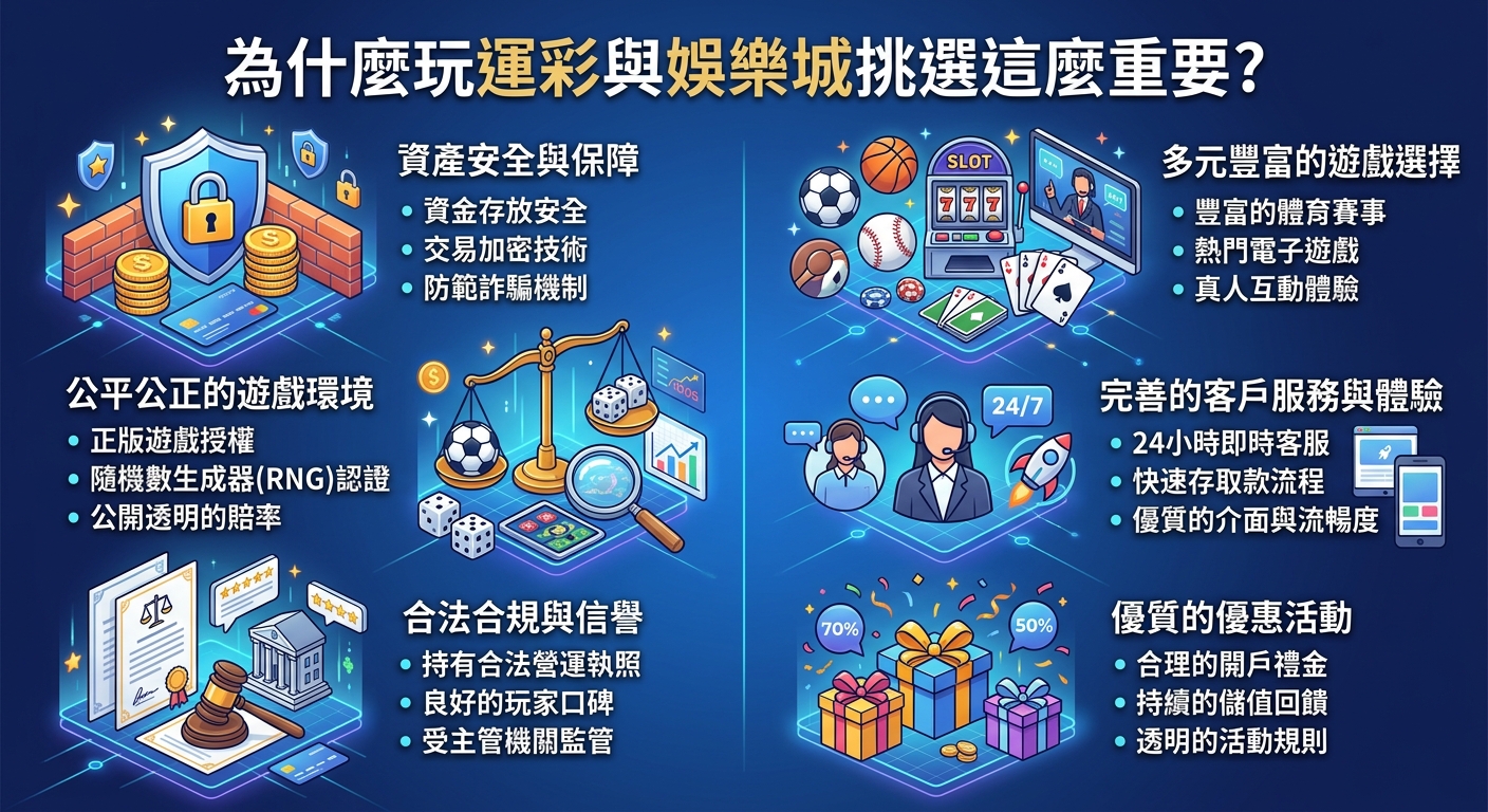 這張圖表詳細解析了挑選優質娛樂城與運彩平台的重要性,涵蓋資金安全、合法執照與公平認證等核心關鍵。 透過清晰的亮藍色視覺分區,全面展現遊戲多樣性、24小時客服支援與各項優惠活動的評估標準。