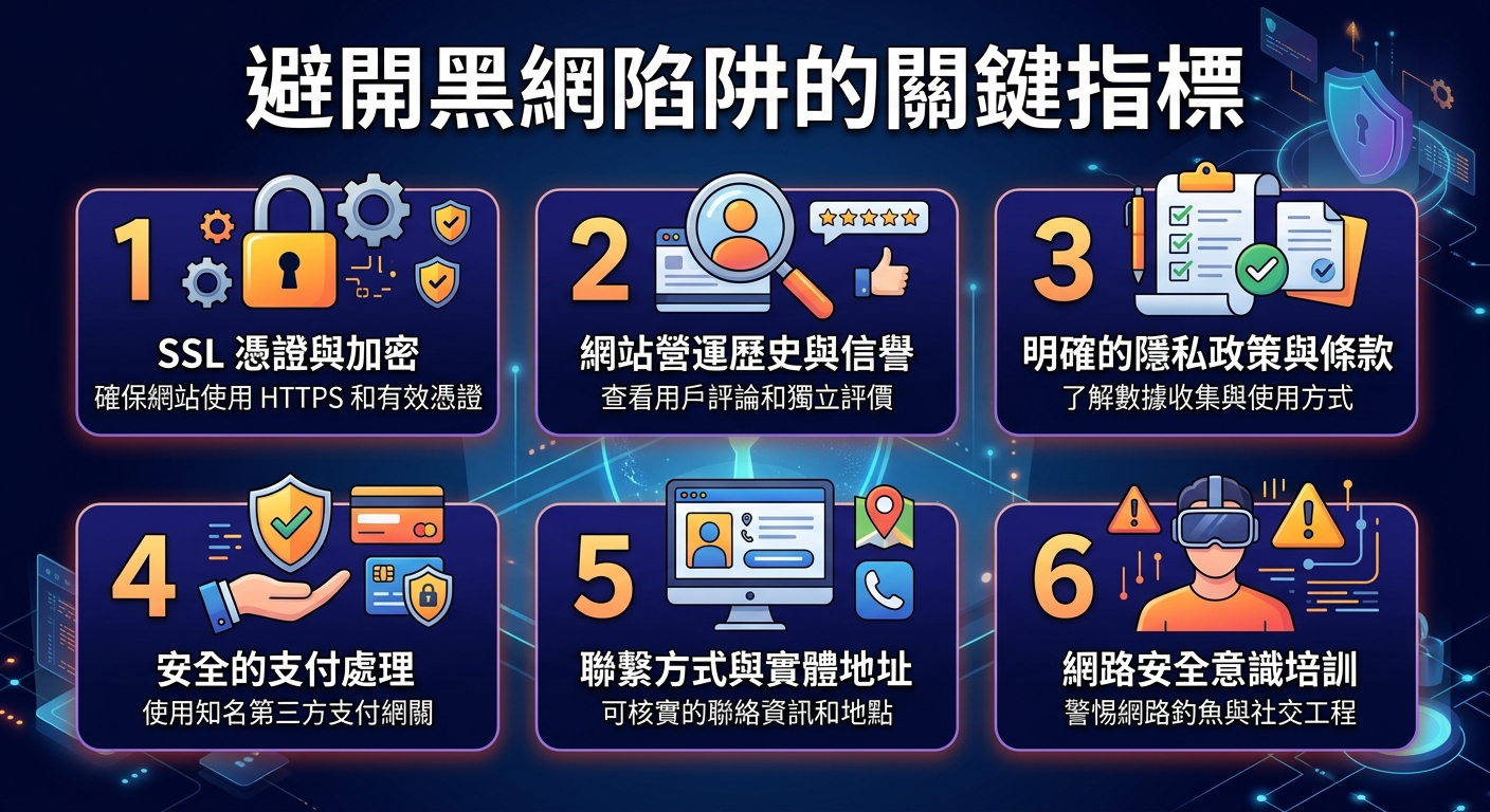 這張圖片是一個數位網路安全主題的圖表,上方標題顯示「避開黑網陷阱的關鍵指標」。 畫面下方排列著六個帶有不同安全圖示與解說文字的區塊,為使用者提供防範詐騙網站的關鍵指引。
