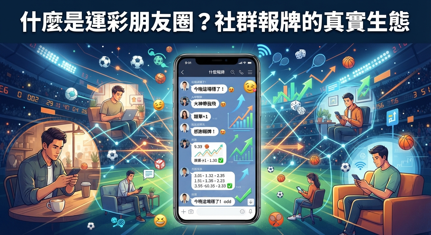 這張圖片以「什麼是運彩朋友圈?社群報牌的真實生態」為標題,展示了一個中央手機螢幕,顯示群組對話中的運動彩券分析和討論。 周圍環繞著多個插畫人物,他們在不同場景中使用手機和電腦,透過網路連接,呈現出一個活躍的線上社群,專注於體育博彩和資訊分享。