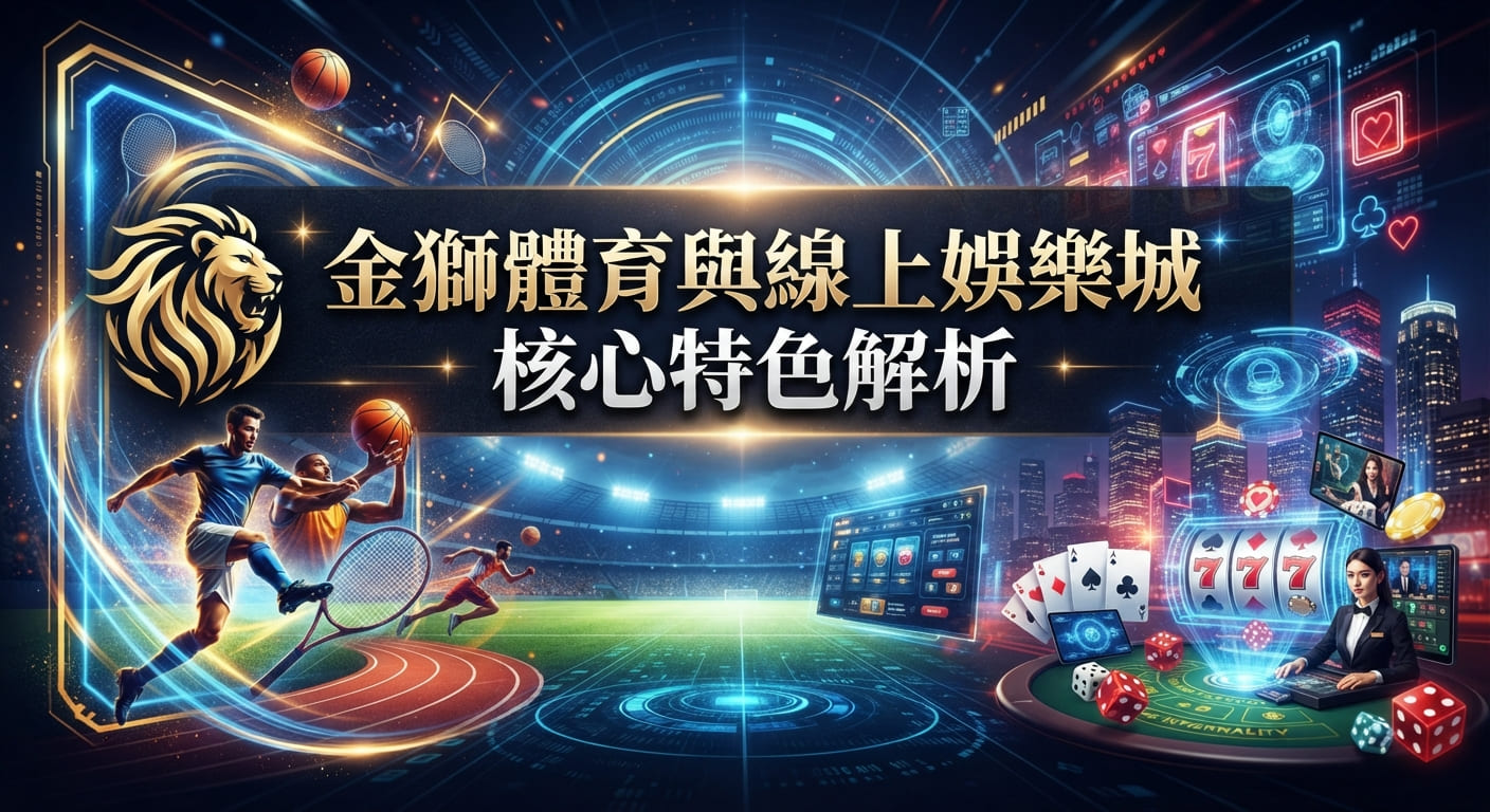 這張圖片結合了金獅體育與線上娛樂城的元素,展現出充滿科技感與運動風格的視覺效果。 畫面中融合了獅子標誌、體育競技以及線上娛樂城的各項核心特色。
