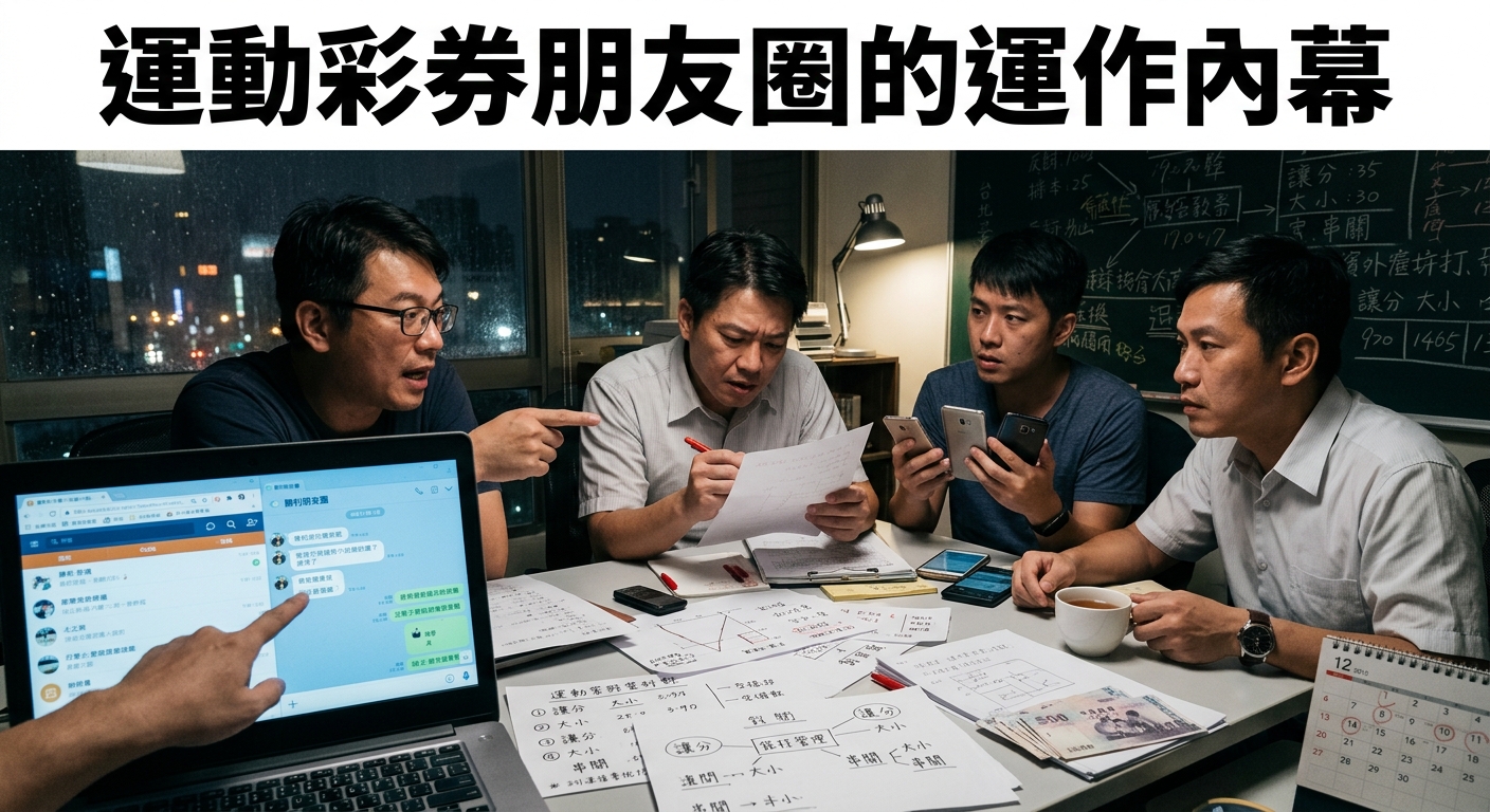 這張圖片展現了一個團隊在辦公室內專注討論與分析運動彩券社群運作的場景。 畫面上方標有清晰的繁體中文標題「運動彩券朋友圈的運作內幕」,展現背後的策略與細節。