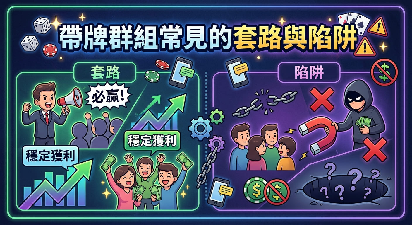 這張圖片展示了帶牌群組常見的套路與陷阱,包含「必贏」、「穩定獲利」的誘惑以及背後藏匿的詐騙風險。 整體設計採用對比式的插圖風格,明確揭露了此類博奕與投資詐騙的運作手法。