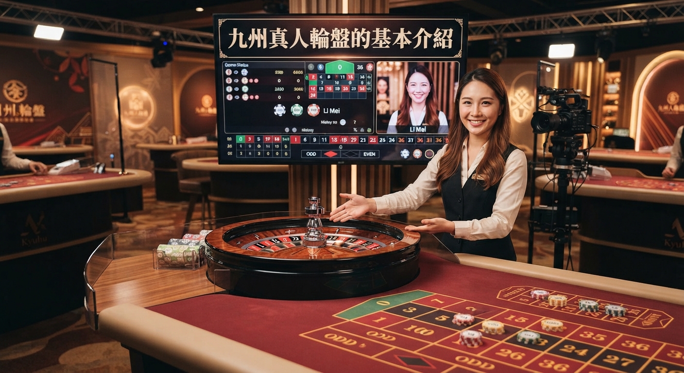 這是一張關於九州真人輪盤基本介紹的直播賭場宣傳圖片。 畫面中展示了精美的輪盤桌檯與微笑的專業荷官。