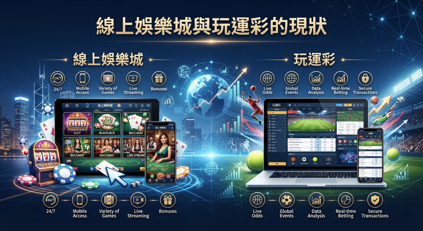 這是一張關於線上娛樂城與玩運彩現狀的數位資訊圖表。 畫面結合了賭場遊戲介面、體育賽事數據與現代科技元素。