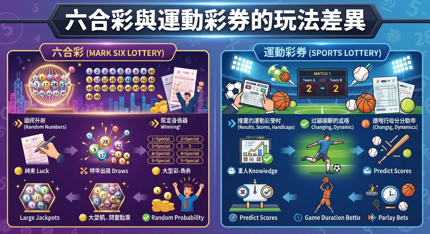 這張圖片對比了六合彩與運動彩券的玩法差異，左側展示純靠運氣與號碼隨機開獎的六合彩，右側則呈現需要專業知識與分析賽事的運動彩券。